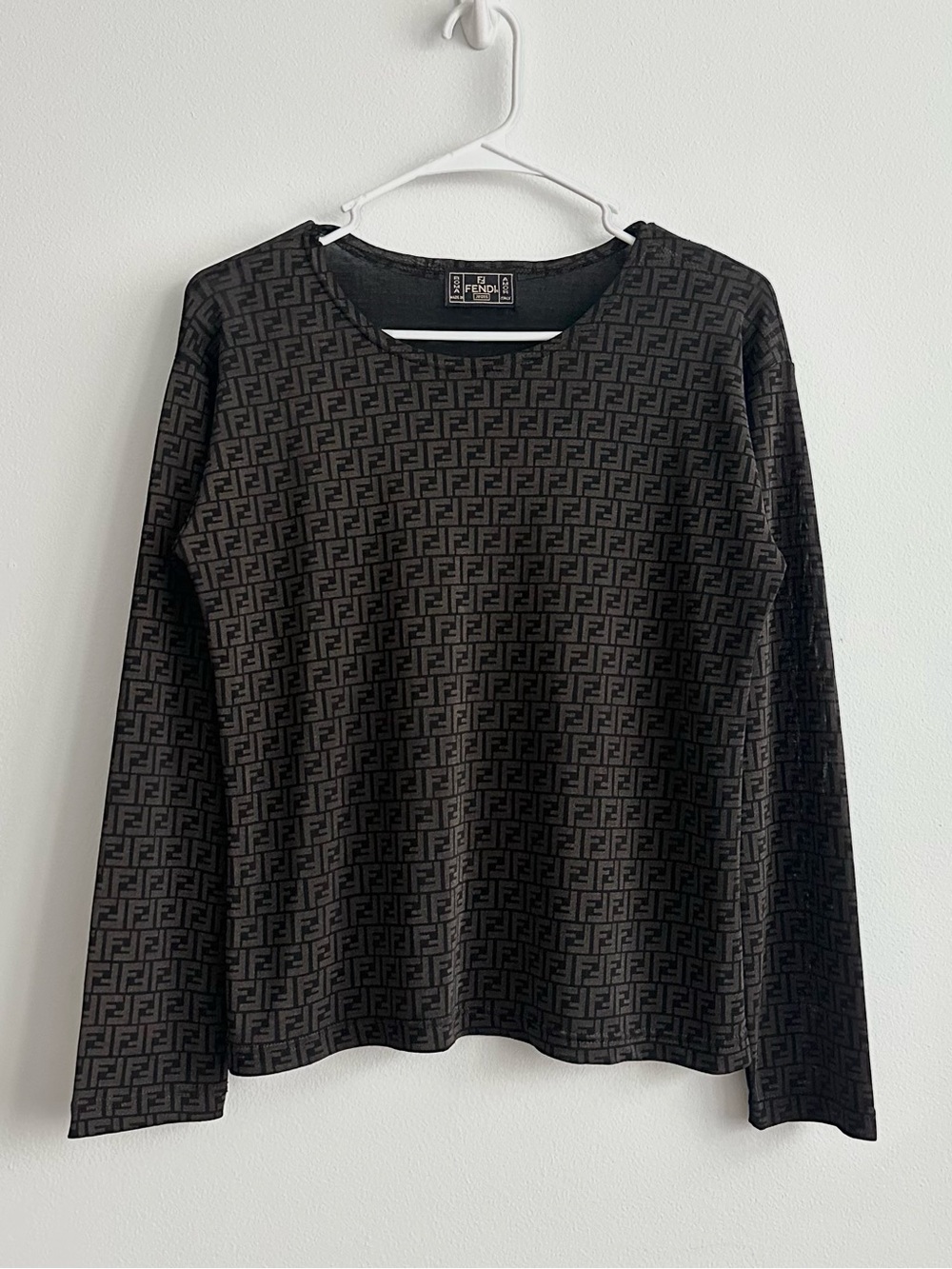Vintage Fendi Black/Brown Logo Print Crew Neck Long Sleeve Top